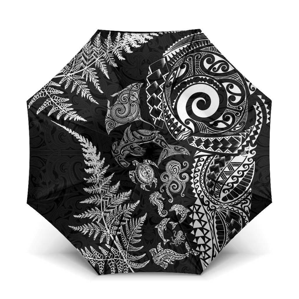 New Zealand Sea Animals Umbrella with Maori Koru Tribal Tattoo and Silver Ferns Black Color LT03 One Size Folded 11.42 inch Opened Diameter 37.4 inch Black - Polynesian Pride