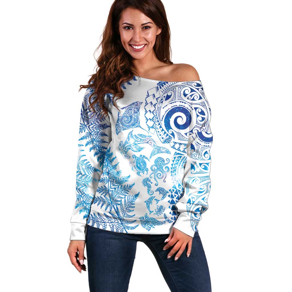 New Zealand Sea Animals Off Shoulder Sweater with Maori Koru Tribal Tattoo and Silver Ferns Galaxy Style LT03 Women Multicolor - Polynesian Pride