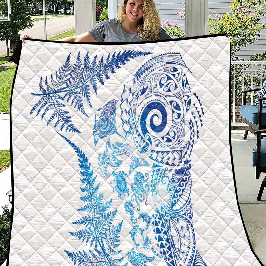 New Zealand Sea Animals Quilt with Maori Koru Tribal Tattoo and Silver Ferns Galaxy Style LT03 Multicolor - Polynesian Pride