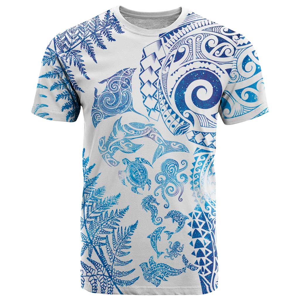 New Zealand Sea Animals T Shirt with Maori Koru Tribal Tattoo and Silver Ferns Galaxy Style LT03 Multicolor - Polynesian Pride