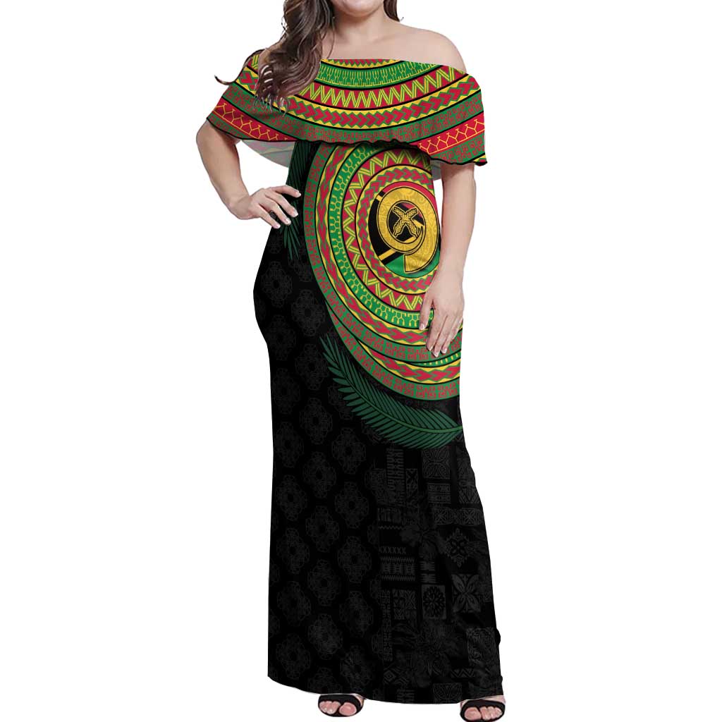 Vanuatu Tribal Tattoo with Namele Leaves Off Shoulder Maxi Dress LT03 Women Black - Polynesian Pride