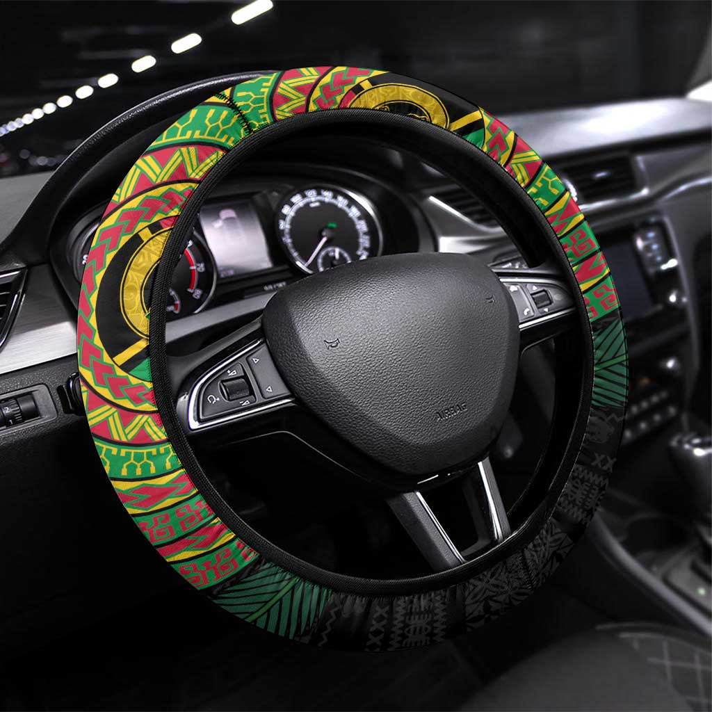 Vanuatu Tribal Tattoo with Namele Leaves Steering Wheel Cover LT03 Universal Fit Black - Polynesian Pride