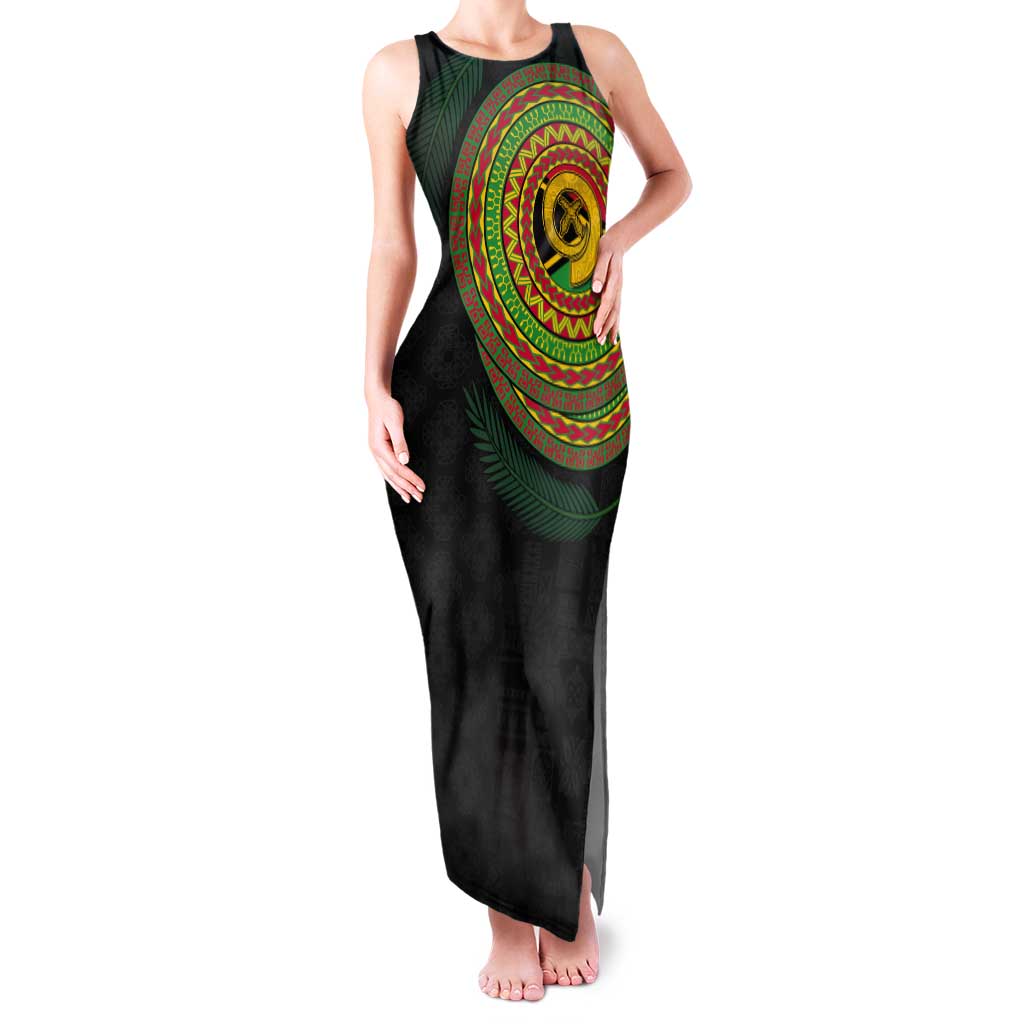 Vanuatu Tribal Tattoo with Namele Leaves Tank Maxi Dress LT03 Women Black - Polynesian Pride