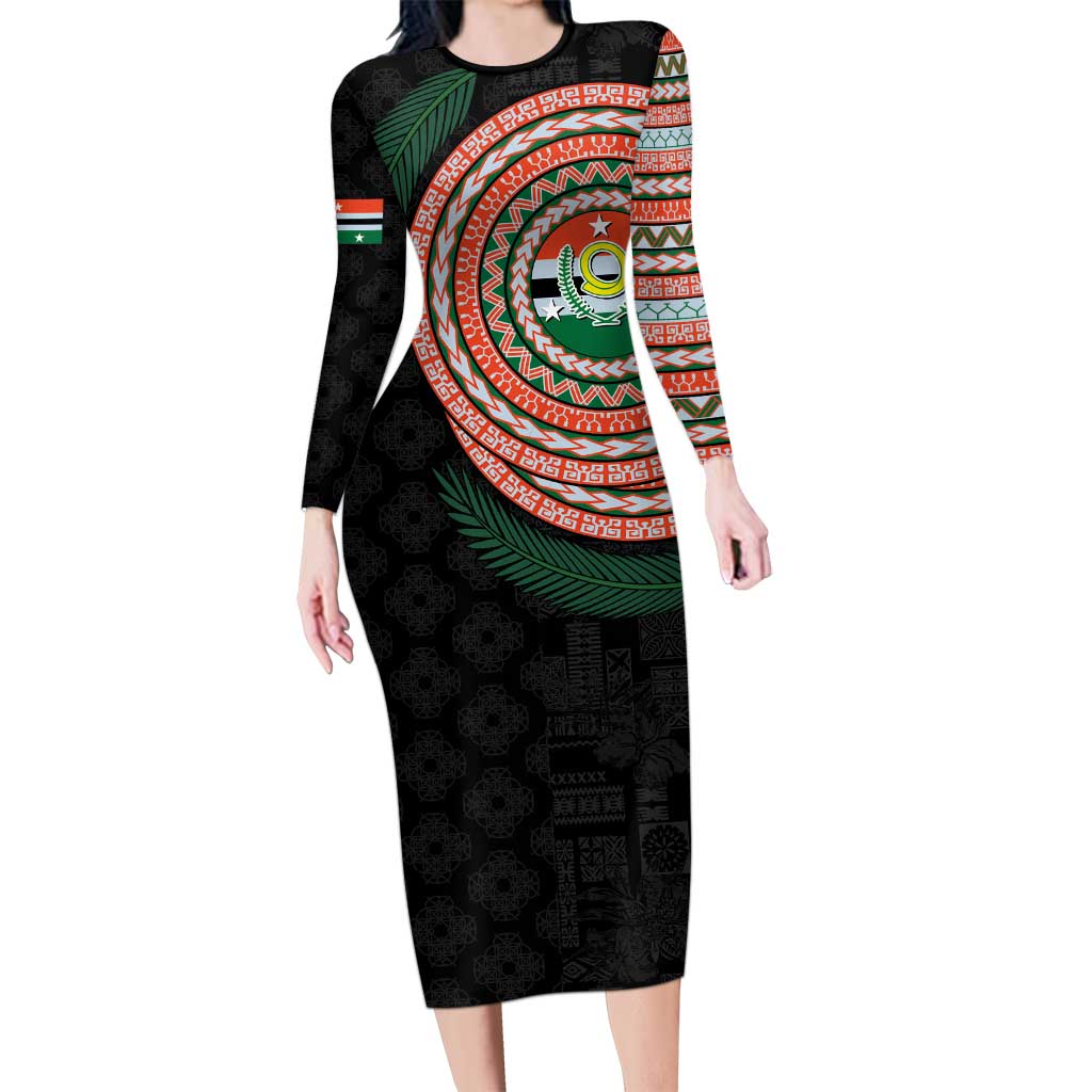 Penama Tribal Tattoo with Namele Leaves Long Sleeve Bodycon Dress LT03 Long Dress Black - Polynesian Pride