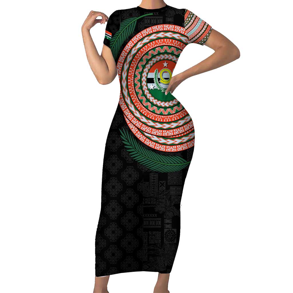 Penama Tribal Tattoo with Namele Leaves Short Sleeve Bodycon Dress LT03 Long Dress Black - Polynesian Pride