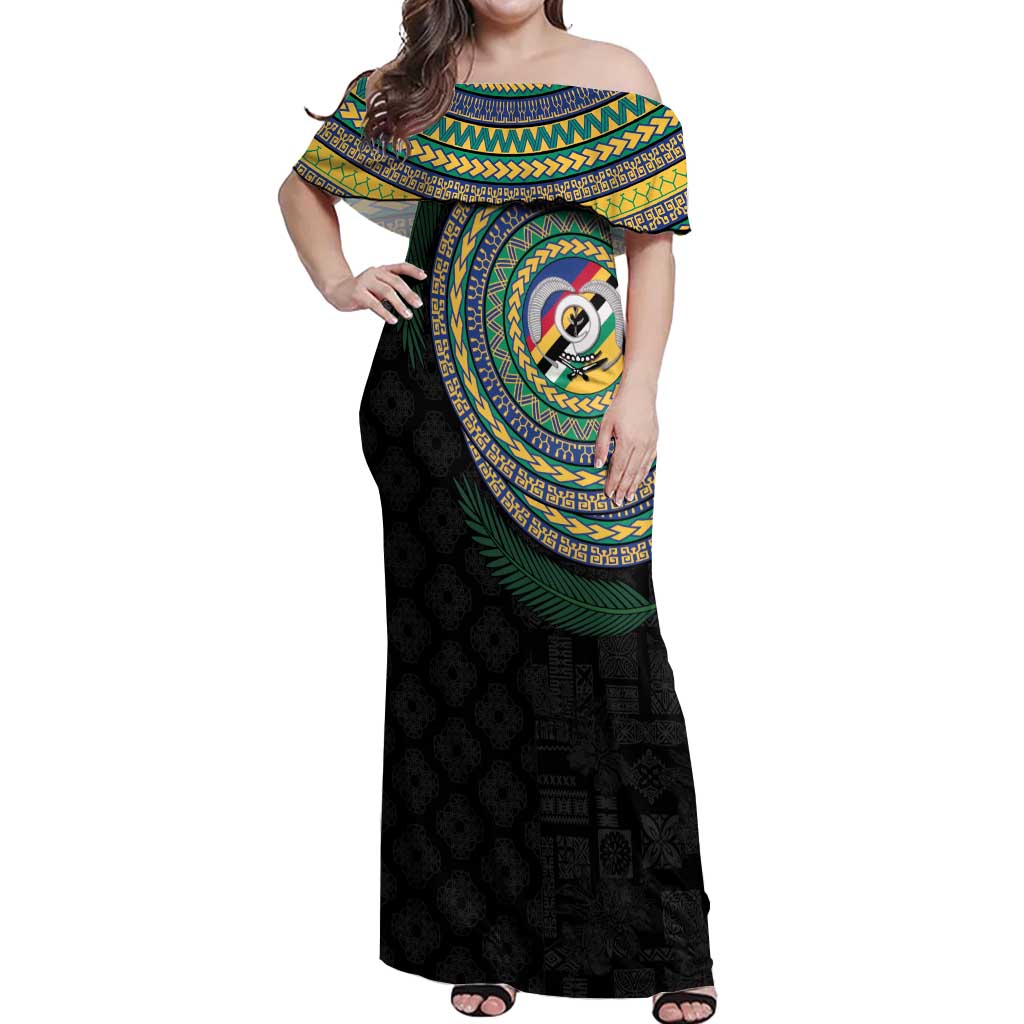 Torba Tribal Tattoo with Namele Leaves Off Shoulder Maxi Dress LT03 Women Black - Polynesian Pride