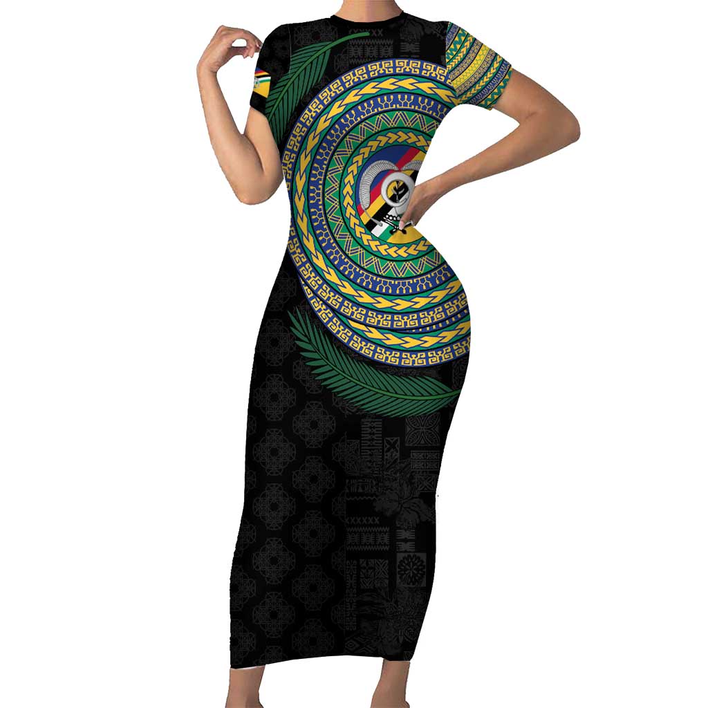 Torba Tribal Tattoo with Namele Leaves Short Sleeve Bodycon Dress LT03 Long Dress Black - Polynesian Pride