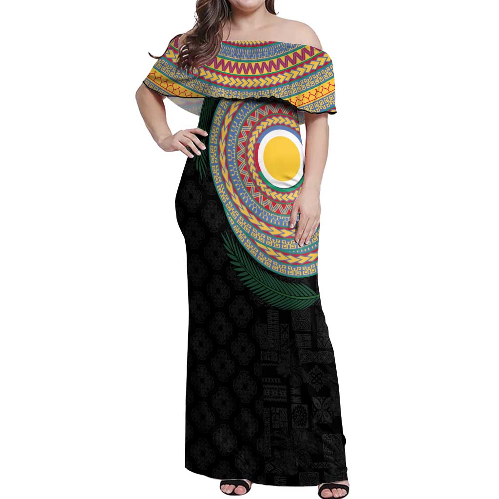 Shefa Tribal Tattoo with Namele Leaves Off Shoulder Maxi Dress LT03 Women Black - Polynesian Pride
