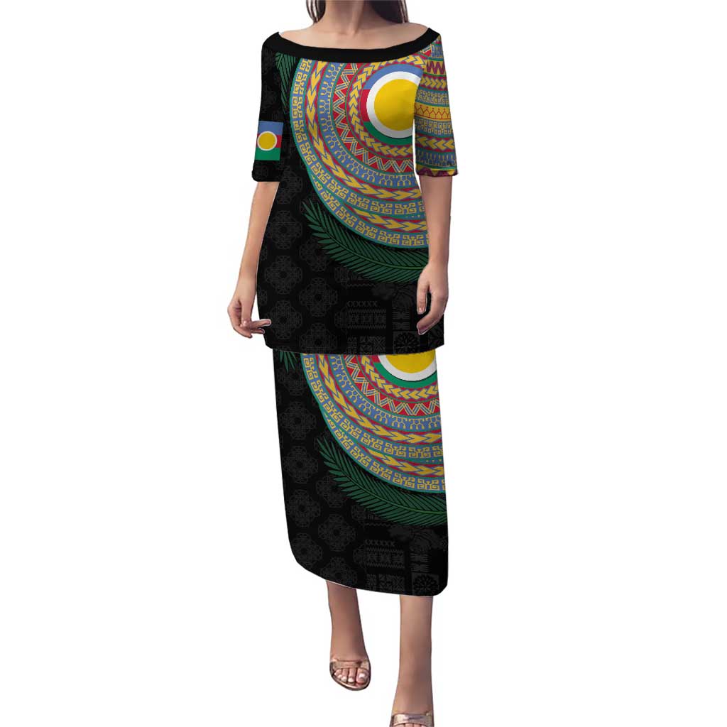 Shefa Tribal Tattoo with Namele Leaves Puletasi LT03 Long Dress Black - Polynesian Pride