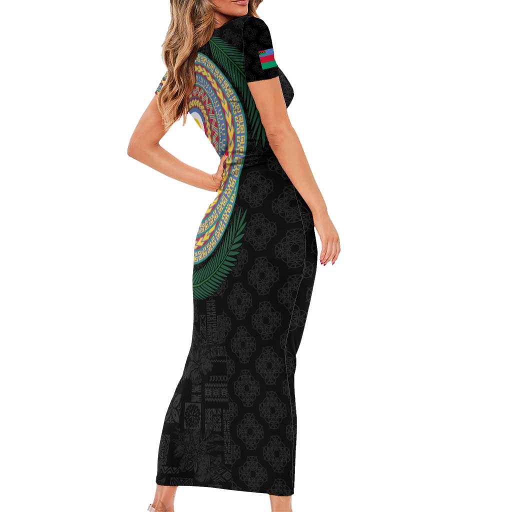 Shefa Tribal Tattoo with Namele Leaves Short Sleeve Bodycon Dress LT03 - Polynesian Pride