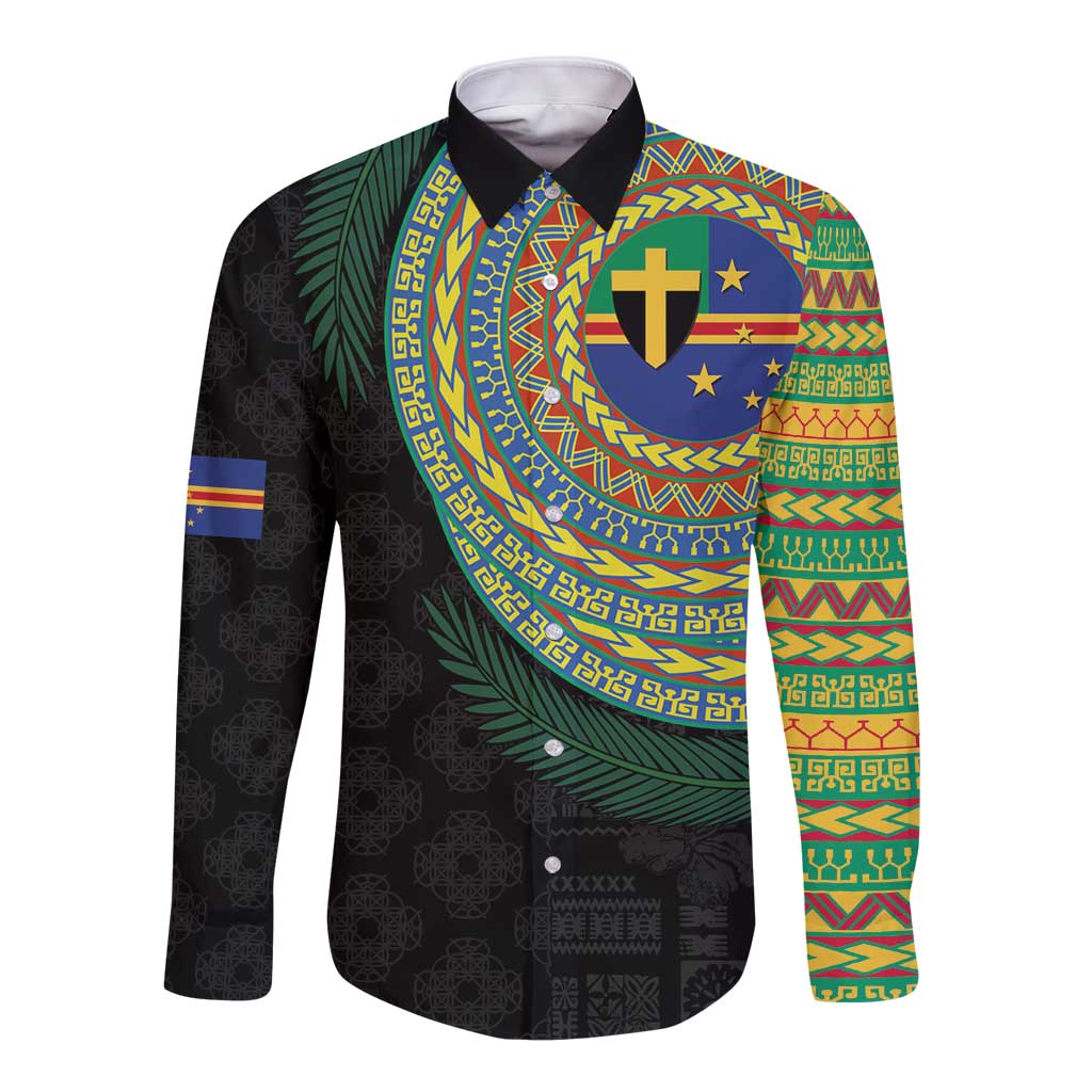 Tafea Tribal Tattoo with Namele Leaves Long Sleeve Button Shirt LT03 Unisex Black - Polynesian Pride