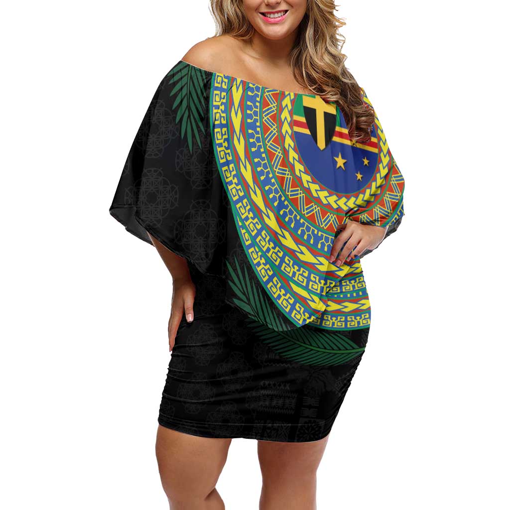 Tafea Tribal Tattoo with Namele Leaves Off Shoulder Short Dress LT03 Women Black - Polynesian Pride