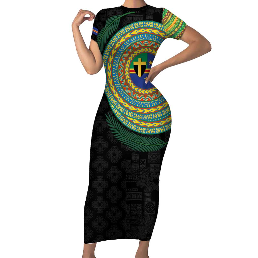 Tafea Tribal Tattoo with Namele Leaves Short Sleeve Bodycon Dress LT03 Long Dress Black - Polynesian Pride