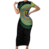 Tafea Tribal Tattoo with Namele Leaves Short Sleeve Bodycon Dress LT03 Long Dress Black - Polynesian Pride
