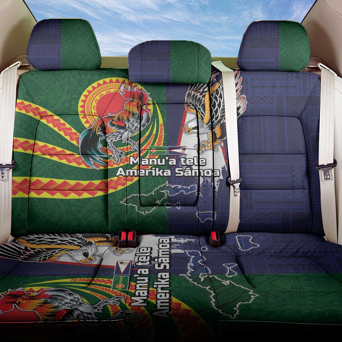 Manuʻa Islands and American Samoa Together Back Car Seat Cover Rooster and Eagle Mascot National Map and Flag Style LT03 One Size Green - Polynesian Pride