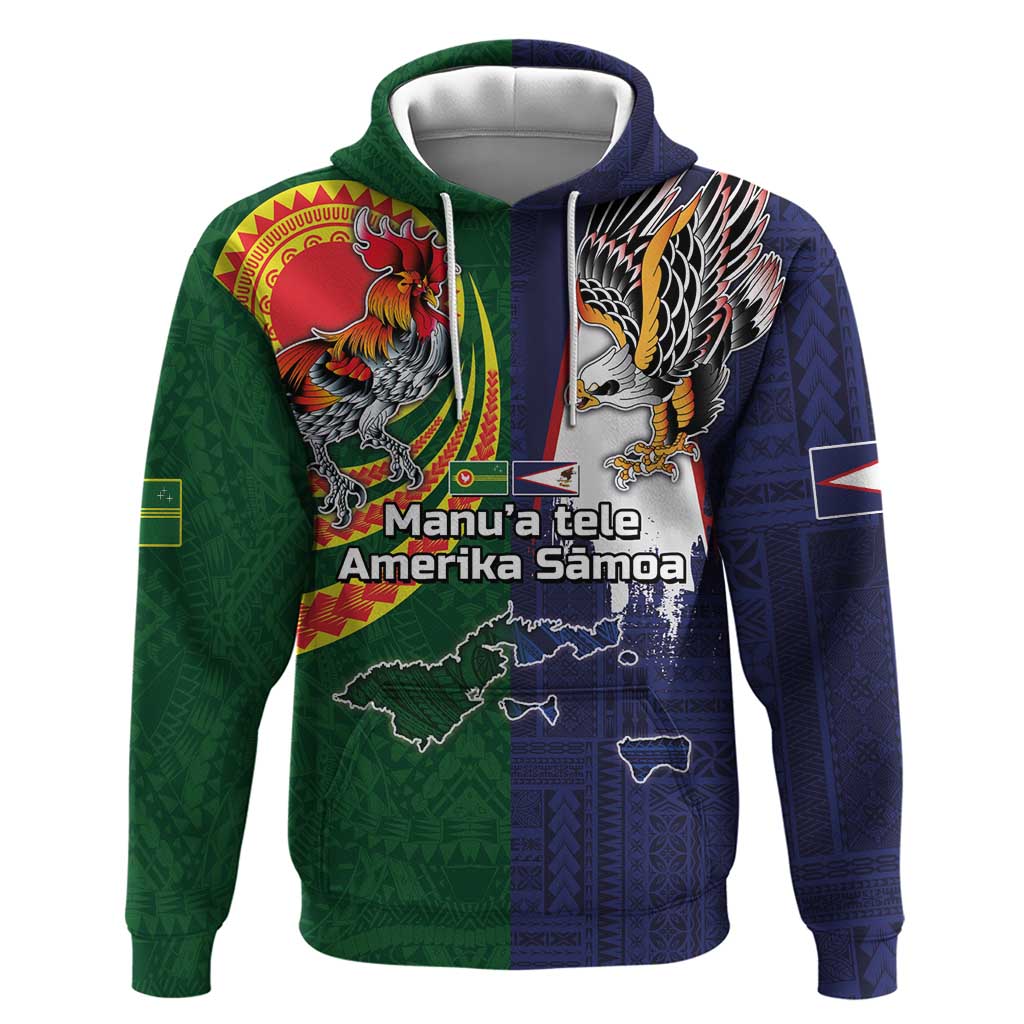 Manuʻa Islands and American Samoa Together Hoodie Rooster and Eagle Mascot National Map and Flag Style LT03 Pullover Hoodie Green - Polynesian Pride