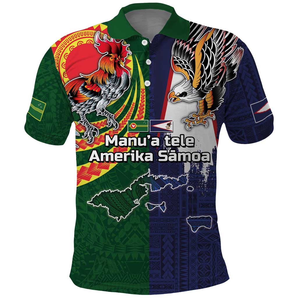 Manuʻa Islands and American Samoa Together Polo Shirt Rooster and Eagle Mascot National Map and Flag Style LT03 Green - Polynesian Pride