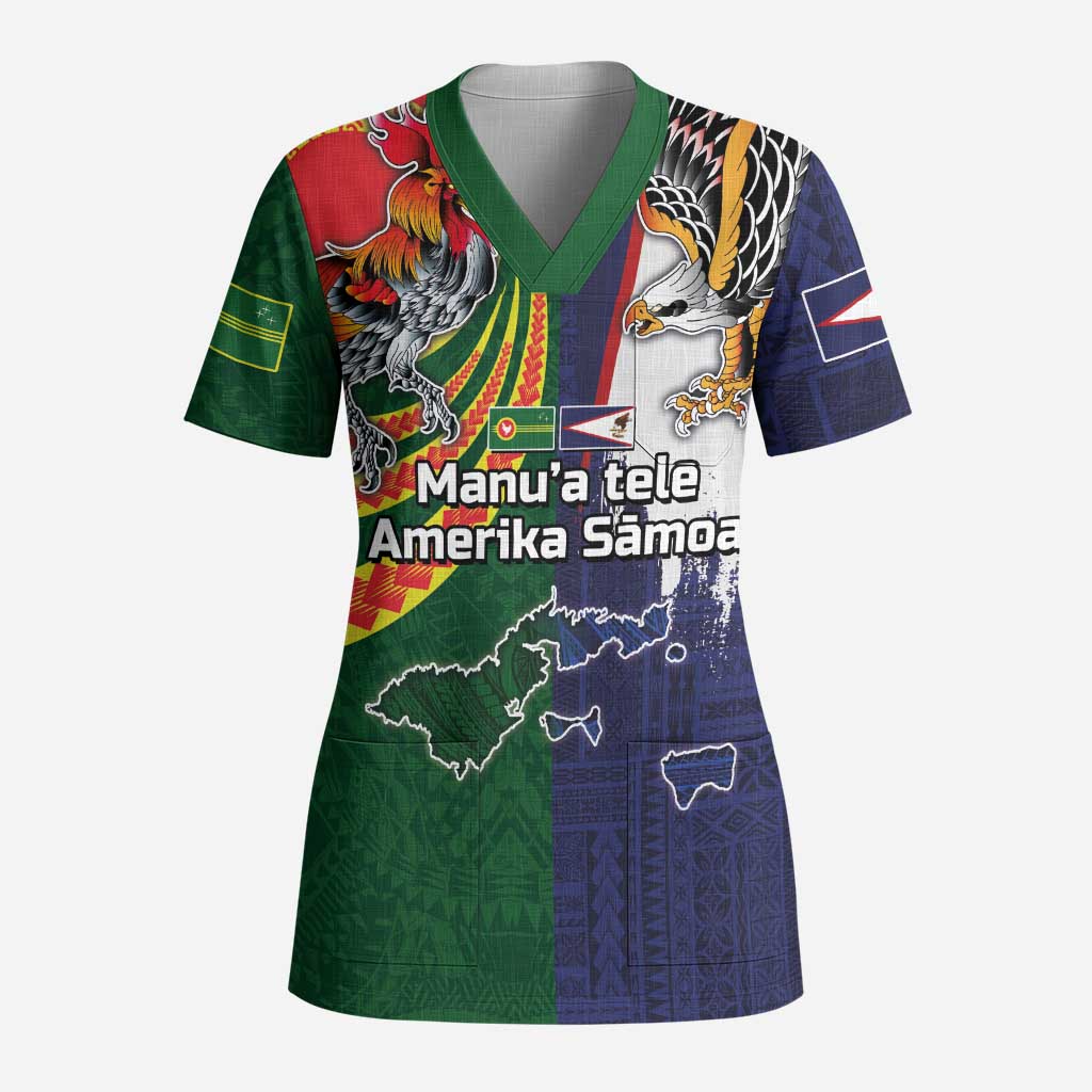 Manuʻa Islands and American Samoa Together Scrub Top Rooster and Eagle Mascot National Map and Flag Style LT03 Adult Green - Polynesian Pride