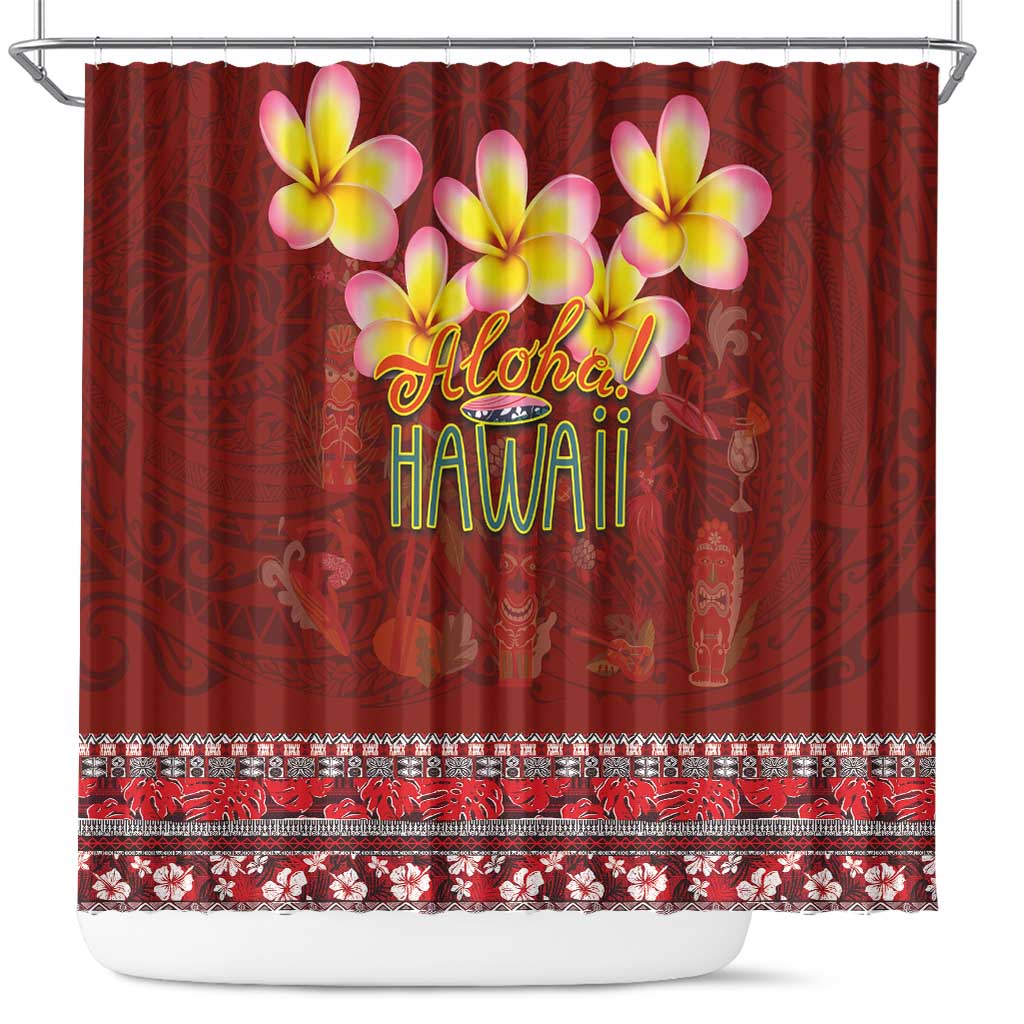 Aloha Plumeria Flowers Shower Curtain With Hawaiian Style Tapa Tribal LT03 Red - Polynesian Pride