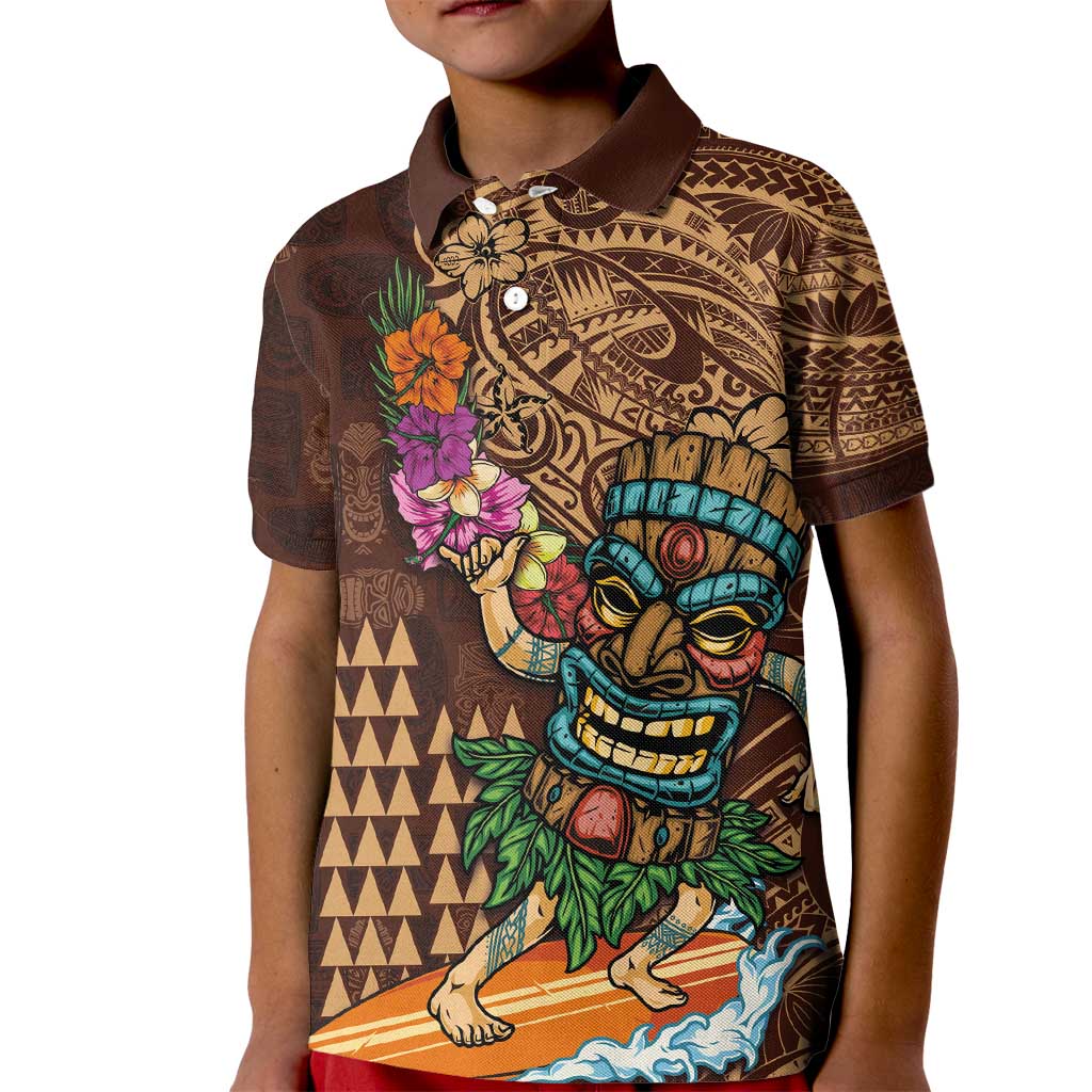 Hawaiian Tiki Mask Surfing Kakau Pattern Kid Polo Shirt LT03 Kid Brown - Polynesian Pride