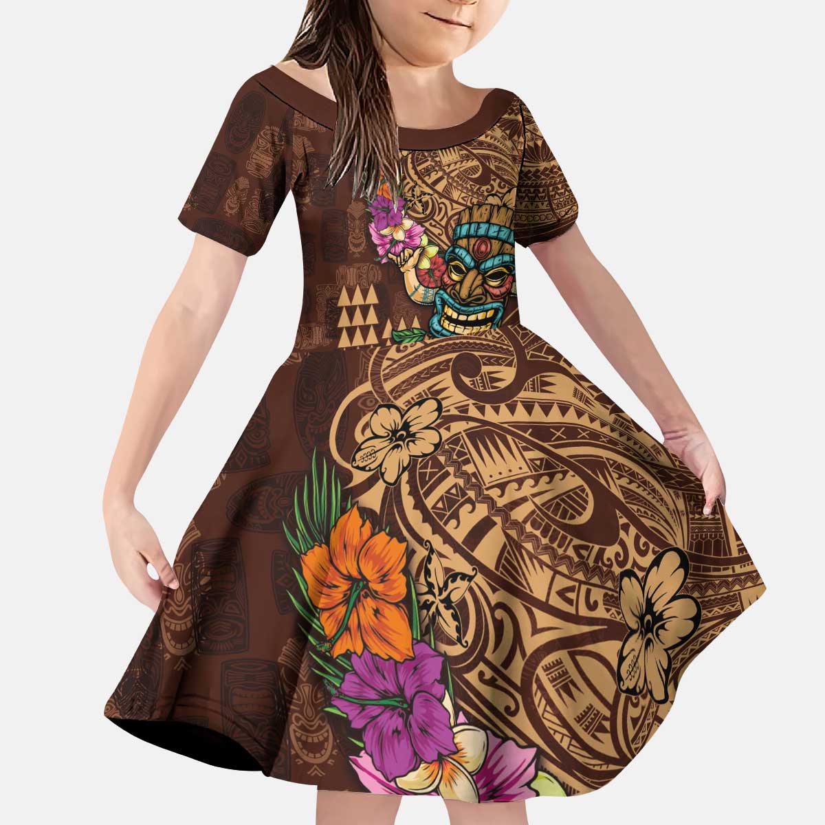 Hawaiian Tiki Mask Surfing Kakau Pattern Kid Short Sleeve Dress LT03 KID Brown - Polynesian Pride