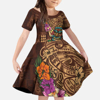 Hawaiian Tiki Mask Surfing Kakau Pattern Kid Short Sleeve Dress LT03 KID Brown - Polynesian Pride