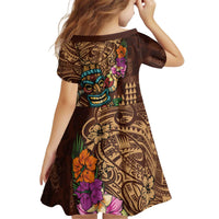 Hawaiian Tiki Mask Surfing Kakau Pattern Kid Short Sleeve Dress LT03 - Polynesian Pride