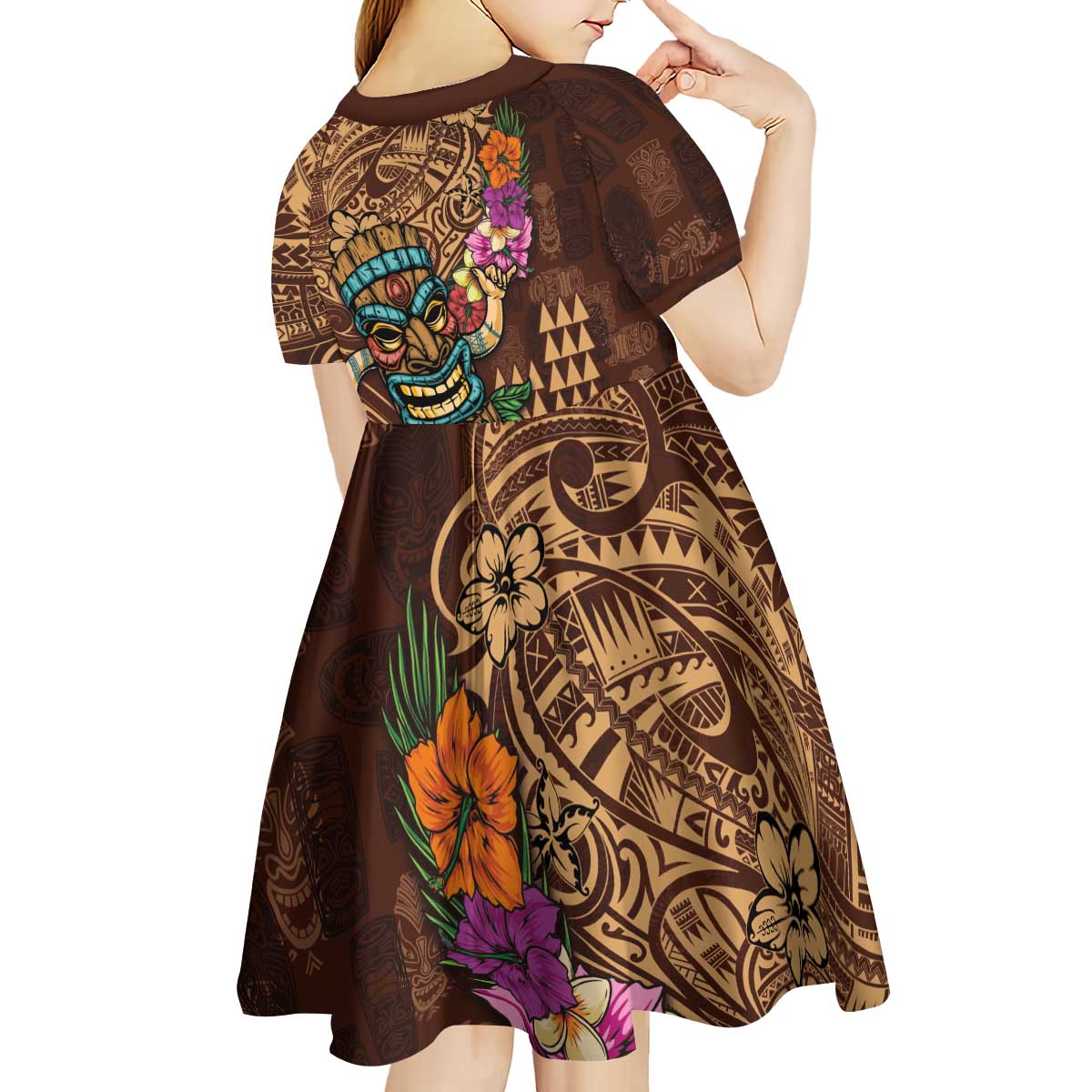 Hawaiian Tiki Mask Surfing Kakau Pattern Kid Short Sleeve Dress LT03 - Polynesian Pride