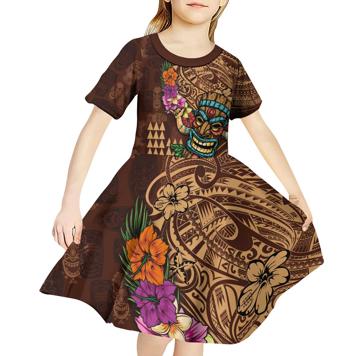 Hawaiian Tiki Mask Surfing Kakau Pattern Kid Short Sleeve Dress LT03 - Polynesian Pride