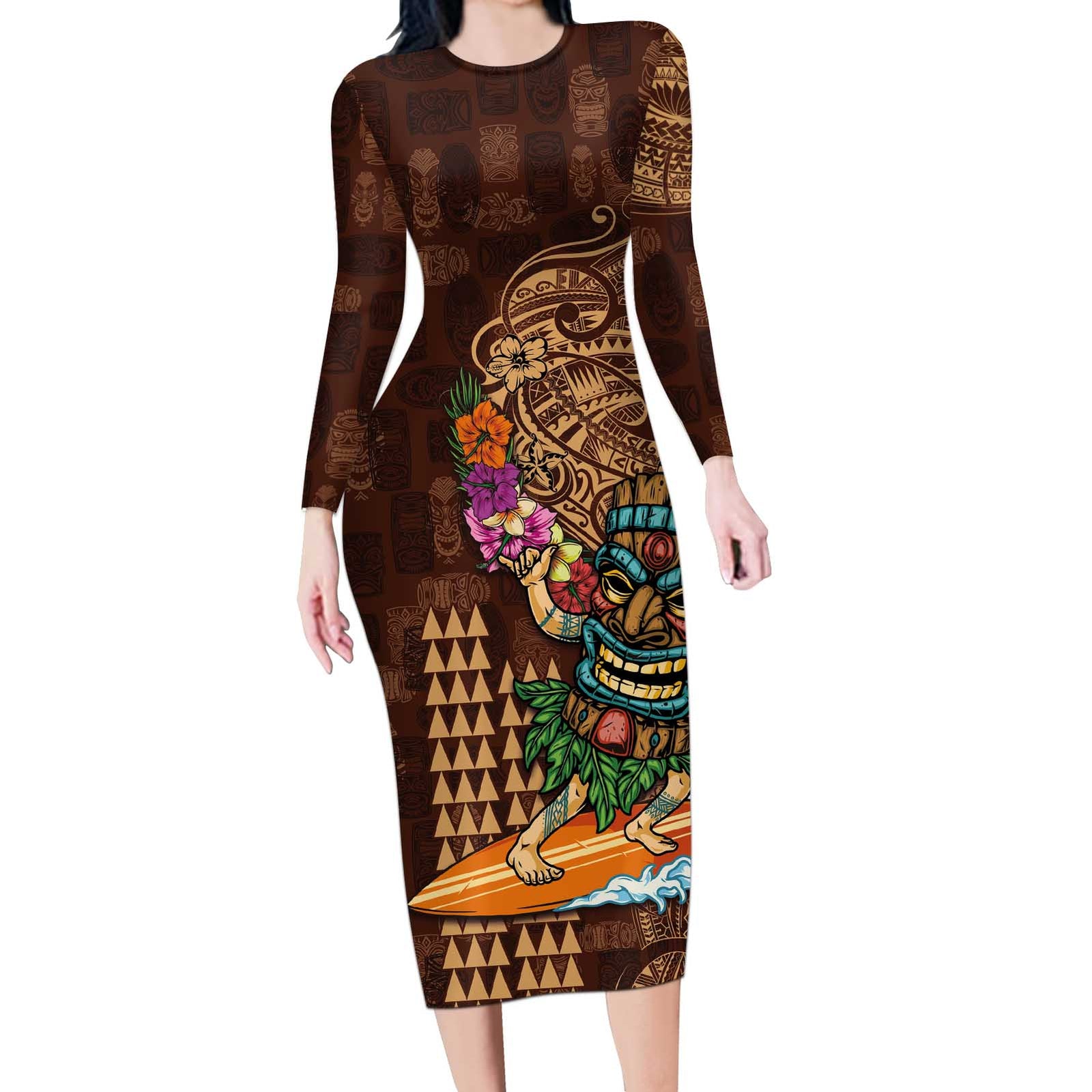 Hawaiian Tiki Mask Surfing Kakau Pattern Long Sleeve Bodycon Dress LT03 Long Dress Brown - Polynesian Pride