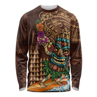Hawaiian Tiki Mask Surfing Kakau Pattern Long Sleeve Shirt LT03 Unisex Brown - Polynesian Pride