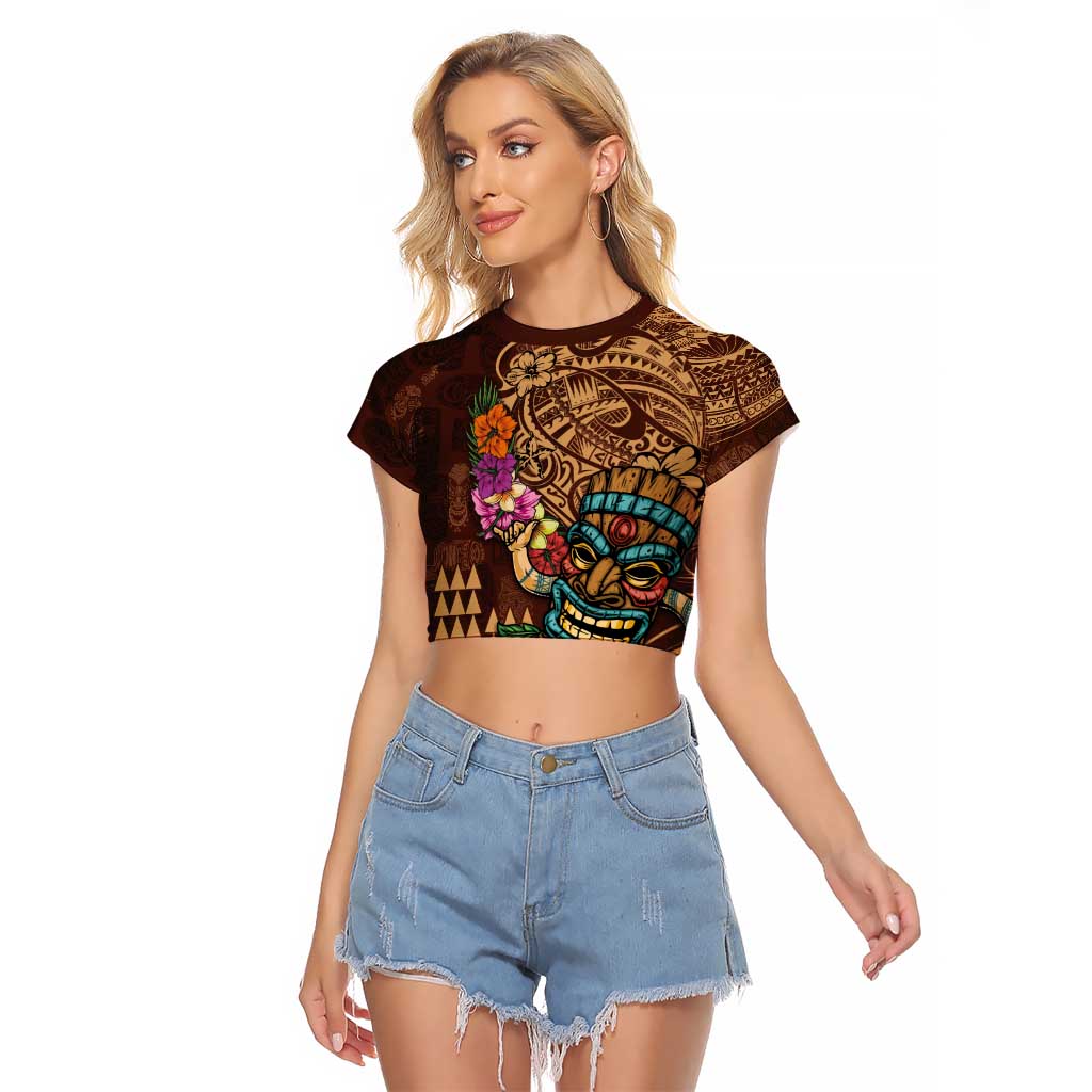 Hawaiian Tiki Mask Surfing Kakau Pattern Raglan Cropped T Shirt LT03 Female Brown - Polynesian Pride