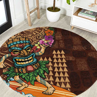 Hawaiian Tiki Mask Surfing Kakau Pattern Round Carpet LT03 Brown - Polynesian Pride