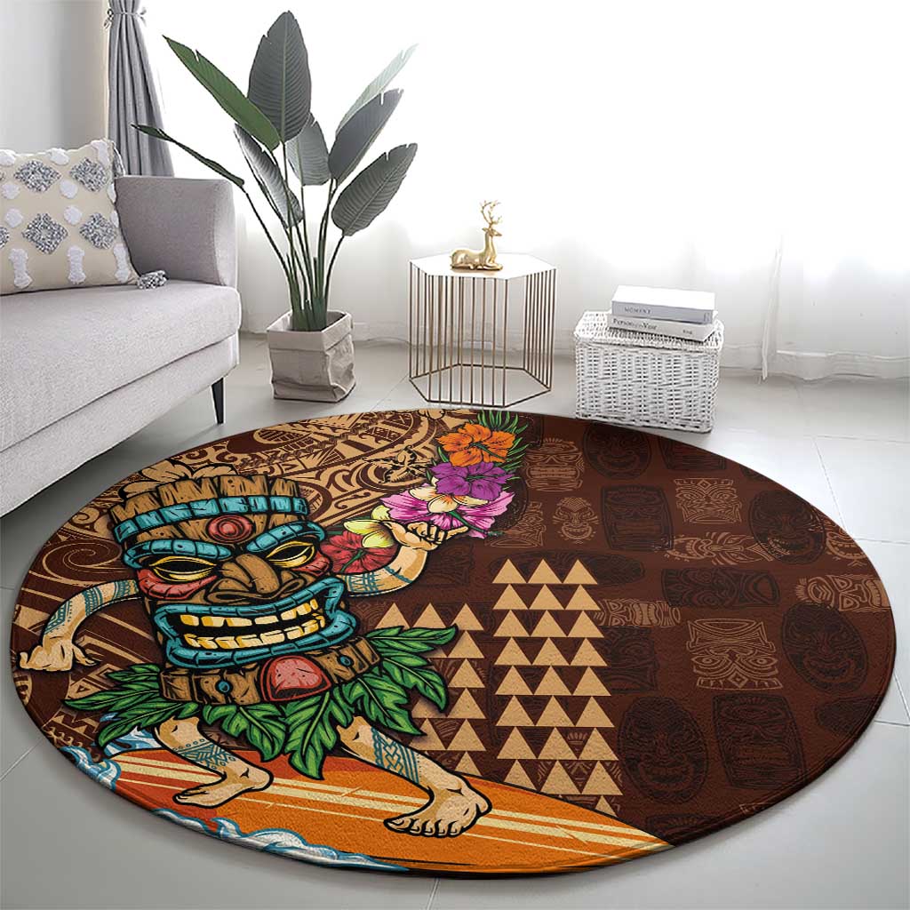 Hawaiian Tiki Mask Surfing Kakau Pattern Round Carpet LT03 - Polynesian Pride