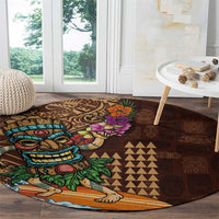 Hawaiian Tiki Mask Surfing Kakau Pattern Round Carpet LT03 - Polynesian Pride