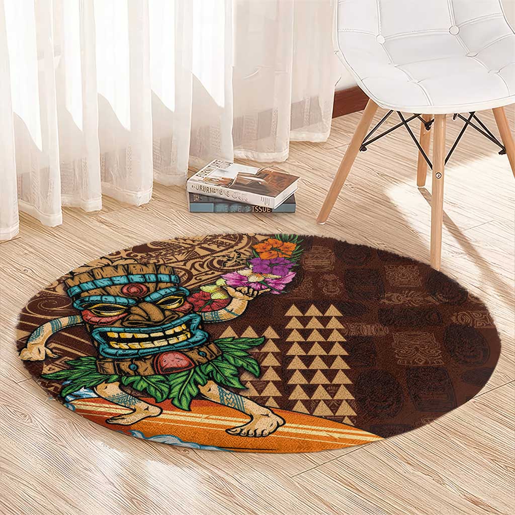 Hawaiian Tiki Mask Surfing Kakau Pattern Round Carpet LT03 - Polynesian Pride