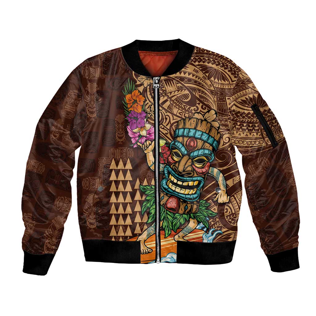 Hawaiian Tiki Mask Surfing Kakau Pattern Sleeve Zip Bomber Jacket LT03 Unisex Brown - Polynesian Pride