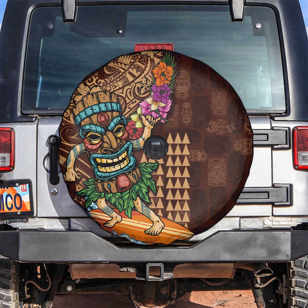Hawaiian Tiki Mask Surfing Kakau Pattern Spare Tire Cover LT03 Brown - Polynesian Pride