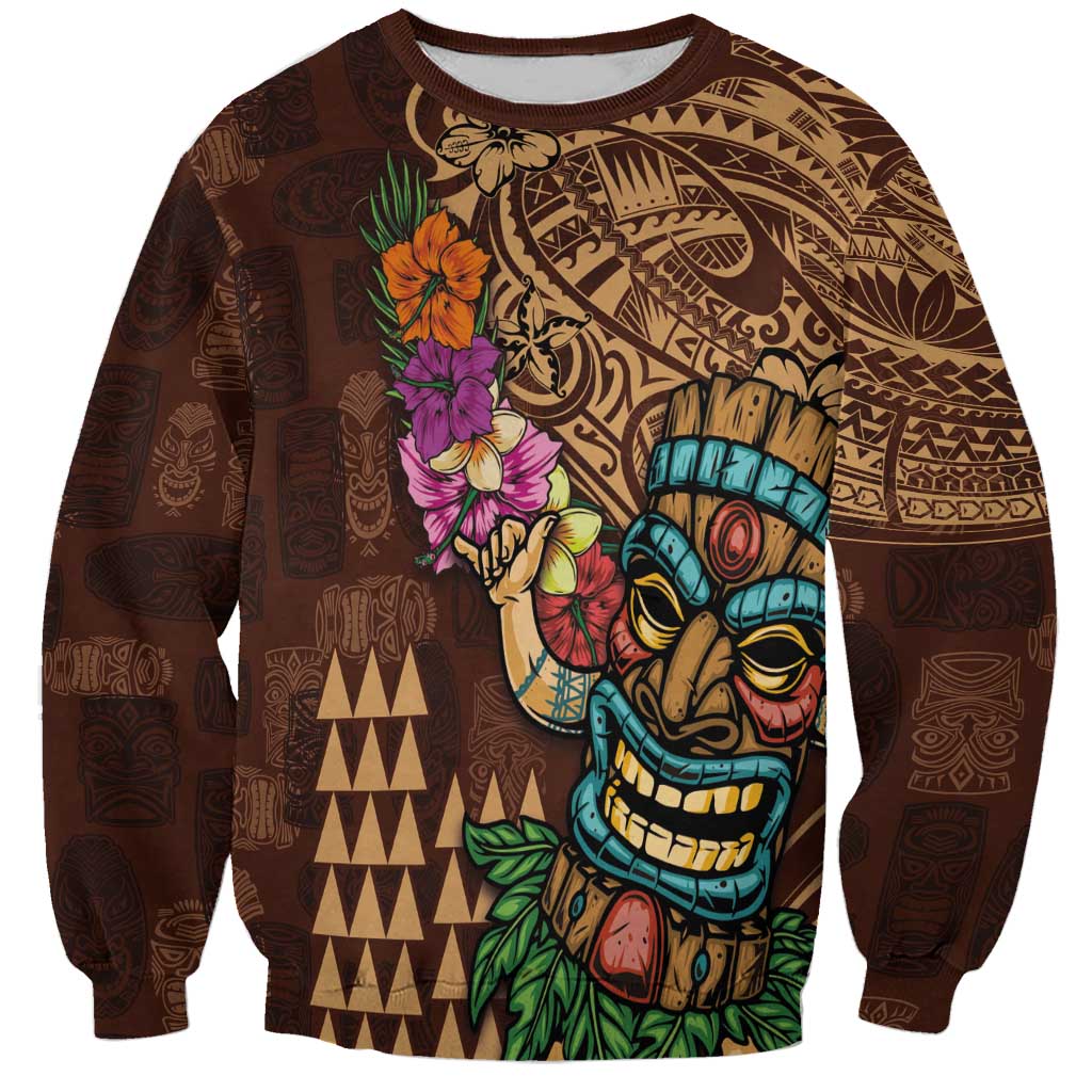 Hawaiian Tiki Mask Surfing Kakau Pattern Sweatshirt LT03 Unisex Brown - Polynesian Pride