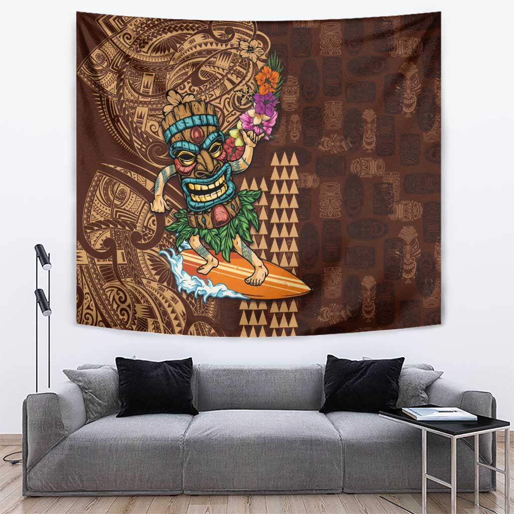Hawaiian Tiki Mask Surfing Kakau Pattern Tapestry LT03 Brown - Polynesian Pride
