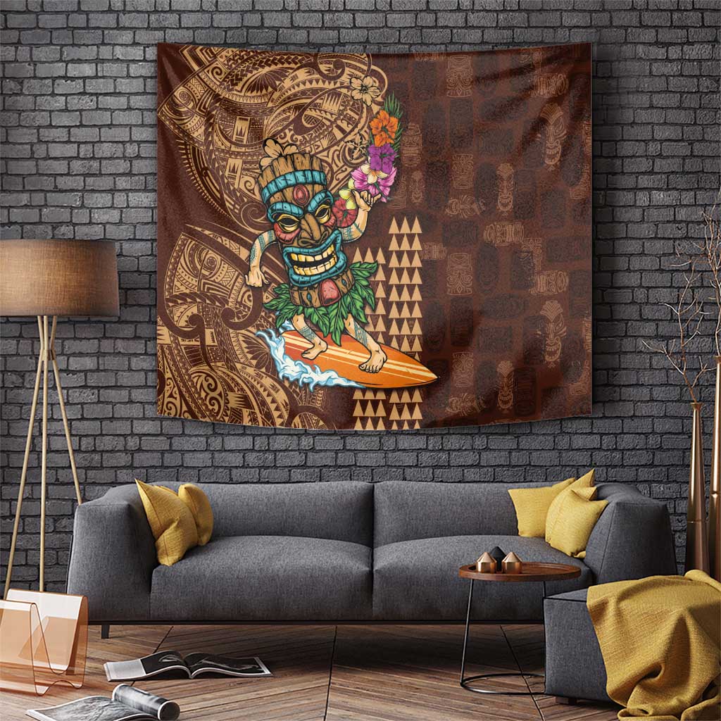 Hawaiian Tiki Mask Surfing Kakau Pattern Tapestry LT03 - Polynesian Pride