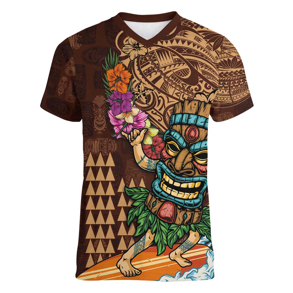 Hawaiian Tiki Mask Surfing Kakau Pattern Women V-Neck T-Shirt LT03 Female Brown - Polynesian Pride