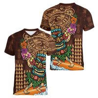 Hawaiian Tiki Mask Surfing Kakau Pattern Women V-Neck T-Shirt LT03 - Polynesian Pride