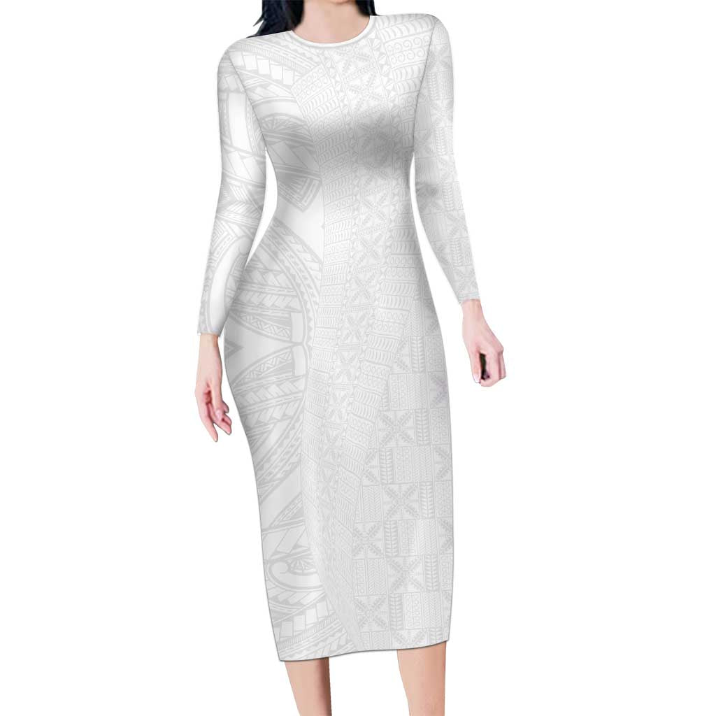 Niue White Sunday Long Sleeve Bodycon Dress Hiapo Tribal Art Tattoos LT03 Long Dress White - Polynesian Pride