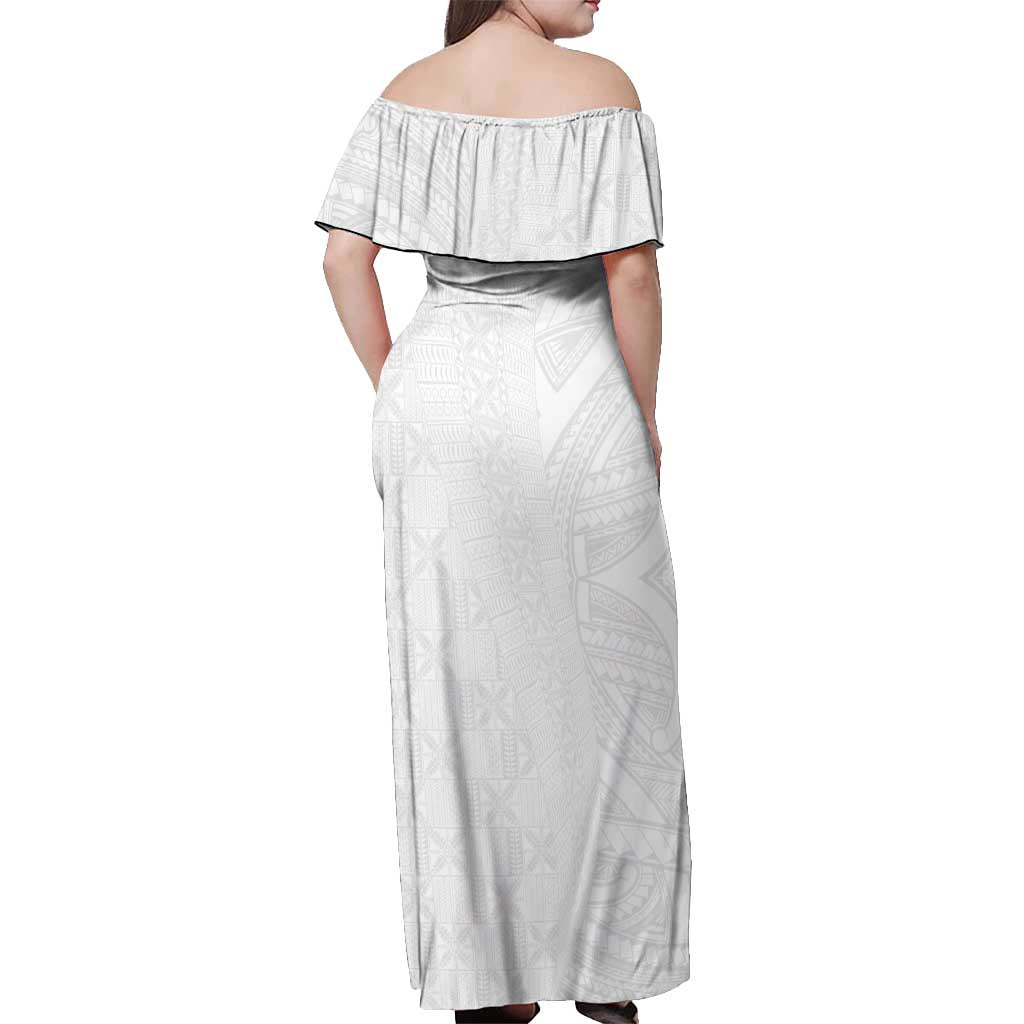 Niue White Sunday Off Shoulder Maxi Dress Hiapo Tribal Art Tattoos LT03 - Polynesian Pride