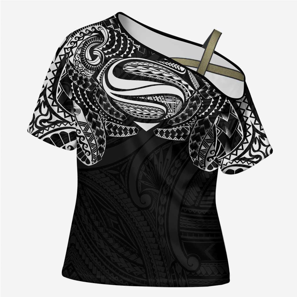 Super Samoan Traditional Tribal Art Tattoos Cross Shoulder Shirt Black Color LT03 Female Black - Polynesian Pride