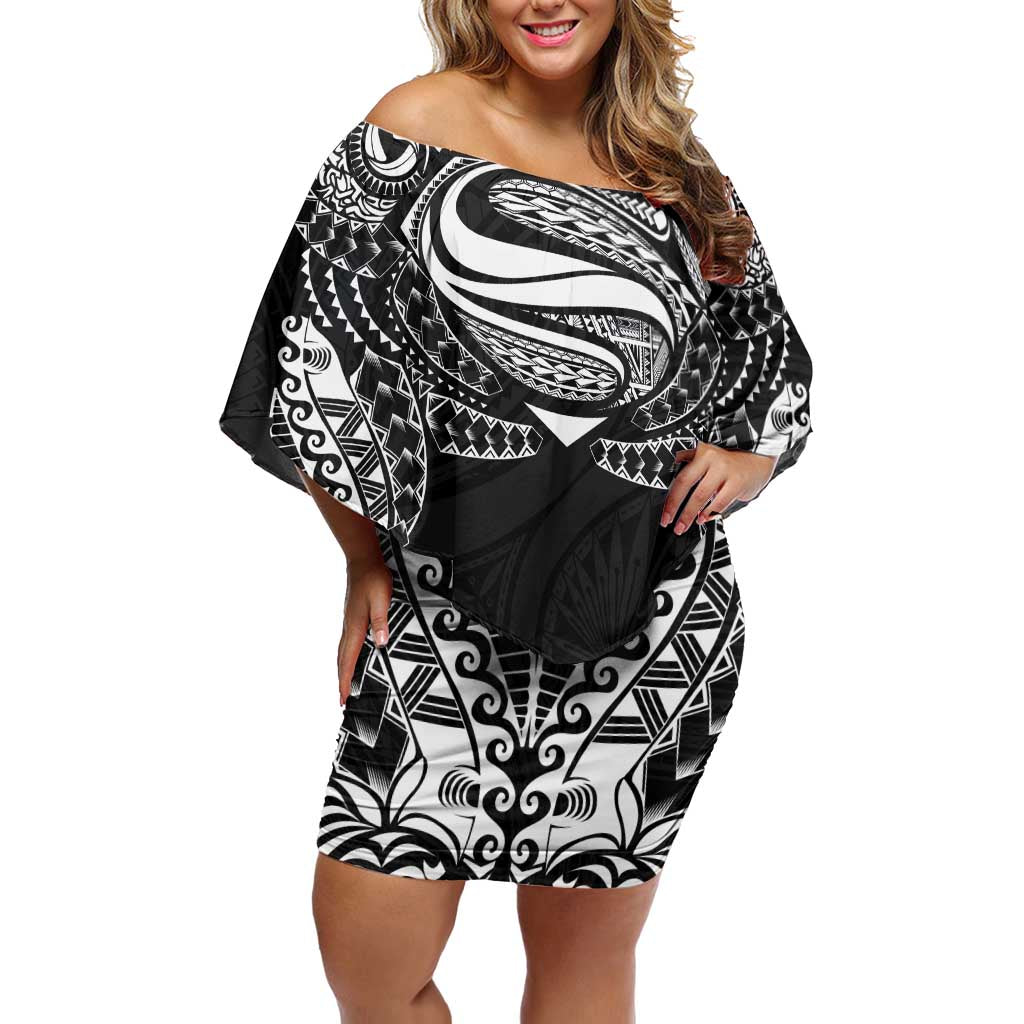 Super Samoan Traditional Tribal Art Tattoos Off Shoulder Short Dress Black Color LT03 Women Black - Polynesian Pride