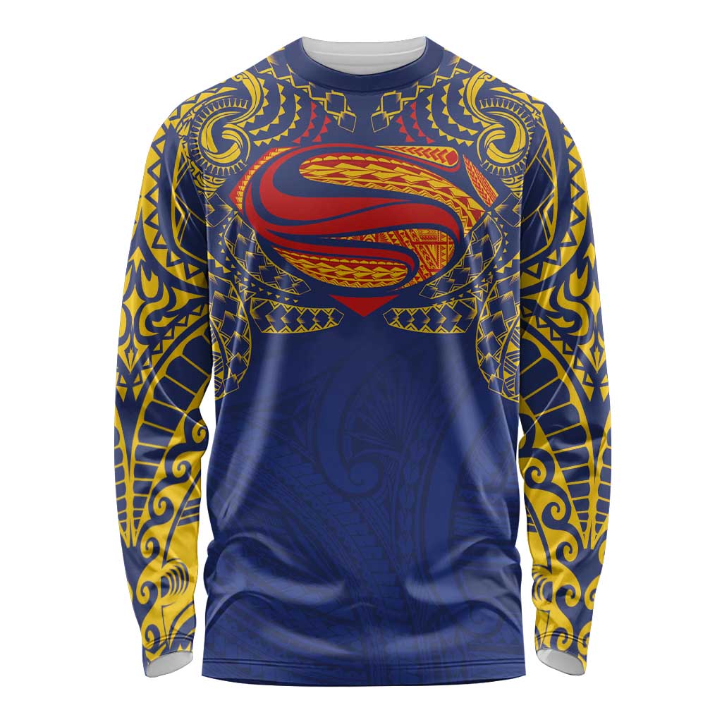Super Samoan Traditional Tribal Art Tattoos Long Sleeve Shirt Blue Color LT03 Unisex Blue - Polynesian Pride