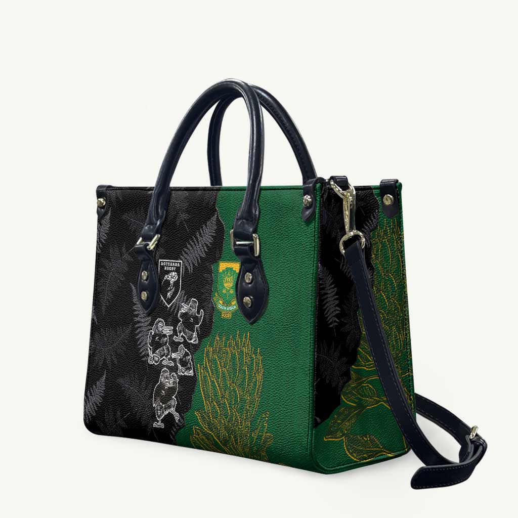Aotearoa South Africa Rugby Freedom Cup Leather Bag Kiwi Warriors Haka with King Protea Symbol LT03 Green - Polynesian Pride