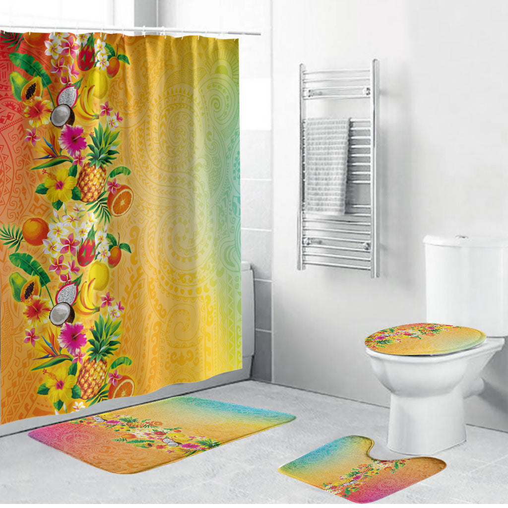 Hawaiian Tropical Fruits and Plants Bathroom Set Kakau Pattern Summer Vibe LT03 Bathroom Set (4 pcs) Multicolor - Polynesian Pride